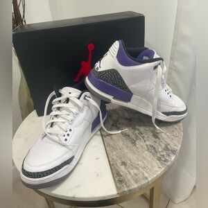 Air Jordans 3 Retro, size 9 1/2. White, black, gray purple.. Worn twice
